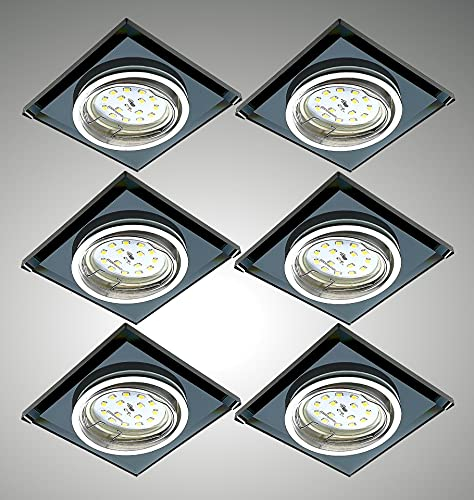 Trango 6er Set 6736S-06MOSD *BLACK CRYSTAL* LED Deckenstrahler aus schwarzem handgeschliffenem Glas & Alu inkl. 6x 3-Stufen dimmbar Ultra Flach LED Modul, 3000K warmweiß, Einbauleuchte, Deckenleuchte