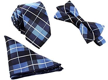 WANYING Hommes Classique Noeud Papillon & 6cm Cravate Etroite Mince & Mouchoir de Poche 3 en 1 set - À carreaux Bleu