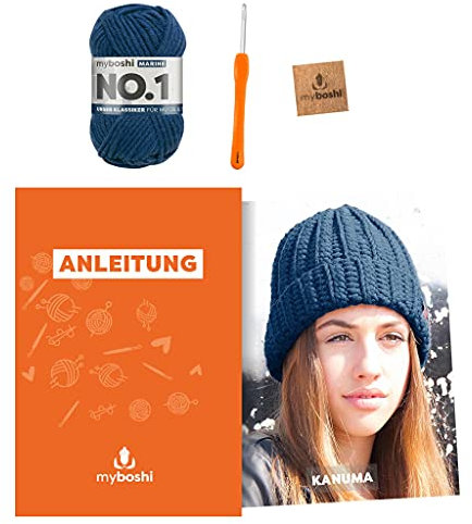 myboshi Häkelset Wintermütze Kanuma, inkl. No.1 Wolle, Nadel und Anleitung, Häkelpaket für Anfänger, 30% Merinowolle Marine mit Häkelnadel