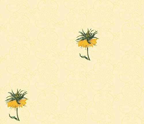 Gelbe sonnige Tapete blühendes China mit exotischen Blumen auf chinesischem Muster in grün - Vlies Tapete Ornamente Blumen - florale GMM Wandtapete für edle Wohnakzente (Muster 20 x 46,5cm)