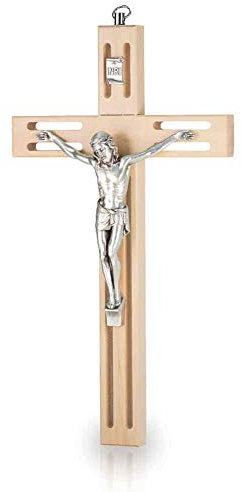 Wandkreuz Kruzifix modernes Design durchbrochen Holz Natur Christus Körper Metall Silber 25 cm Holzkreuz Schmuckkreuz