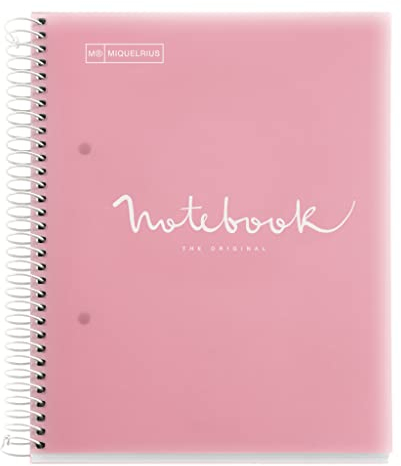 Miquelrius - Notizbuch A5 Notebook Emotions, 120 Blatt 90 g/m², Raster 5 x 5 mm, 5 Farbige Streifen, Mikroperforierte Spirale, Polypropyleneinband, Rosa
