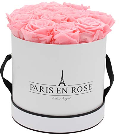 PARIS EN ROSE Rosenbox | mit 14 rosa Infinity Rosen Größe XL | konservierte ewige Rose | runde Weiß-Schwarze Box | 3 Jahre haltbar | Grußkarte