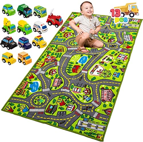JOYIN Teppich Kinderzimmer 80x150cm mit 12 Mini Auto Spielzeug für Kinder, Spielteppich Straße Kinderteppich, Autoteppich Junge Mädchen für Schlafzimmer & Spielzimme