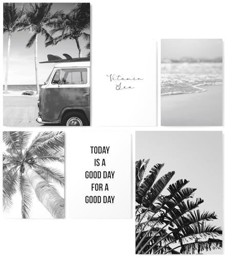 Papierschmiede® Mood Poster Set Beach Schwarz-Weiß, Bilder Wohnzimmer Deko Schlafzimmer, 2x 30x40 cm und 4x 21x30 cm, Strand Palmen Urlaub - Größe der Wandbilder passend für IKEA-Rahmen