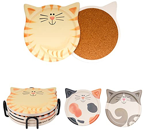 Drink Coasters with Holder, Absorbent Coaster Sets of 4, Cat/Dog Pattern Ceramic Drink Coaster for Tabletop Protection,Suitable for Kinds of Cups, Wooden Table,4 Inches