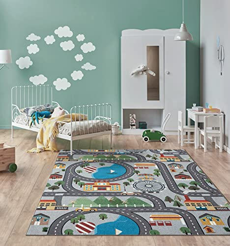 the carpet Happy Life Kinderzimmer, Kinderteppich, Spielteppich, Straßenteppich, Straße, Stadt, Auto, Grau, 160 x 220 cm