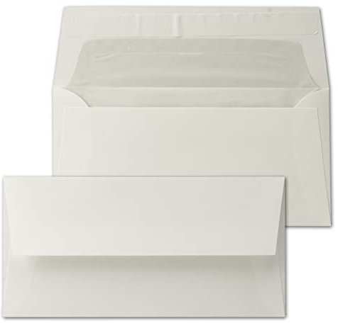 50 Stück DIN Lang Vintage gefütterte Briefumschläge mit Haftklebung, Büttenpapier, 11 x 22 cm, Weiß halbmatt hochwertige Brief-Kuverts