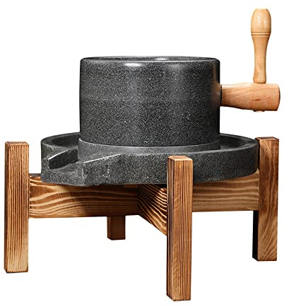 WANLIAN Natural Granite Hand Stone Mill/Pulverizer - Dry/Wet Bluestone Grinder for Nutmeg - Classic Grain Mill with Hand Crank - Small Natural Stone Ornament (Black)