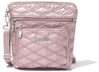 Baggallini Modern Pocket Crossbody Bag for Women, 8.5x8.5 Handbag Purse with RFID, Lightweight Water-Resistant, Borsa a Tracolla Tasca Donna, Trapunta Metallico Rosa, Taglia Unica