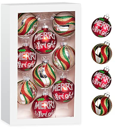 Amooca Bunte Weihnachts-Glaskugeln, Dekoration, Festival, Party, Heimdekoration, Urlaub, Weihnachtsbaum, hängende Ornamente, Set, 9-teilig, 6.7 cm, silber, Wellenstreifen und Merry Night Buchstaben