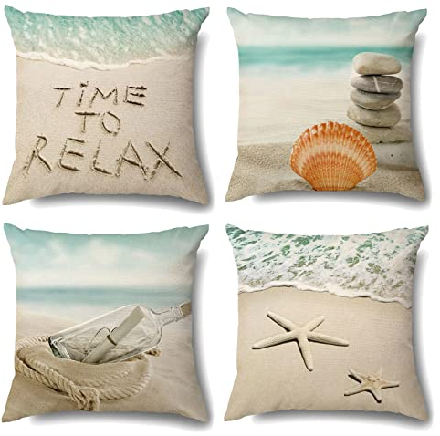 OCEUMACO Leinen Kissenbezug 40x40 Natur Strand Muster Kissenhülle 4er Set Quadratisch Dekokissen Sofakissen Bezug für Couch Mintgrün Meer Kissen Kissenbezüge Deko Zierkissen Couchkissen Outdoor