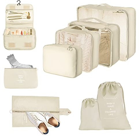 JOPHEK Organizer Valigie Viaggio Set di 9, Cubi di Imballaggio Borse da Viaggio Impermeabili per Vacanze e Viaggi, per ivestiti, Cosmetici, Scarpe, Intimo, Beige