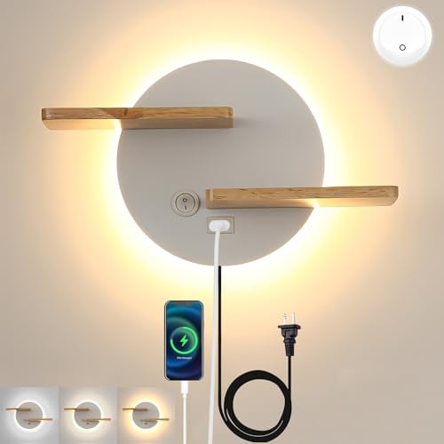 KZT LED Applique Murale Interface avec Interrupteu et interface USB Lampe Murale Bois Éclairage Tricolore Lampe de Chevet avec Étagère Lampe De Lecture pour Salon Chambre Bureau Hôtel Applique, Blanc