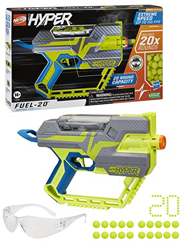 Nerf Hyper Fuel-20 Blaster, 20 Nerf Hyper Rounds, bis zu 110 fps Geschwindigkeit, Hopper Fed, 20 Runden Kapazität, einfaches Nachladen, Brille inklusive, Mehrfarbig