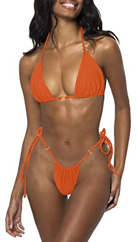 LUNNTE Damen Halfter String Bikini Set Sexy Tanga Frech Zweiteilige Badeanzüge Einfarbige Badebekleidung (Neon Orange, M)
