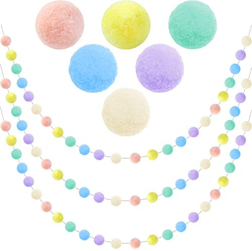 3pk Pastel Pom Pom Garland Easter Decorations Spring Home Decor Indoor Living Room Wall Classroom Xmas Tree, Cute Hanging Rainbow Colorful Felt Ball Garland Baby Shower Wedding Birthday Party Supplies