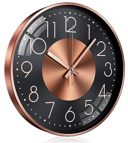 TOKTEKK Wall Clock 30.48cm Silent Non Ticking Clock Modern Wall Clocks Battery Operated for Living Room, Aluminium Round Decorative Clocks for Bedroom Kitchen Office Home Decor(Rose Gold Number)