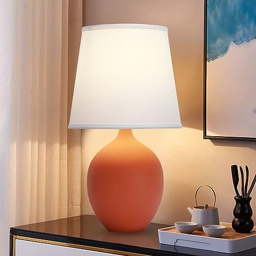 Mengjay Keramik Tischlampe Schlafzimmer Nachttisch Lichtdekoration Schreibtischleuchten,Nachttischlampe aus Stoff E27 Tischleuchte Lampenschirm für Schlafzimmer Studio Lesen (Orange)
