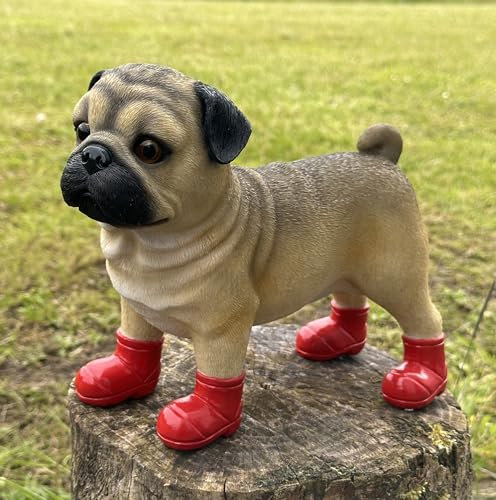 Super cute Dogs and Farm Animals in Wellington Boots figurines novelty home or garden decorations or collectables, GIFT BOXED (PUG in RED Wellingtons)