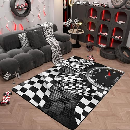 Teppich mit Rennwagen-Motiv, 100 x 150 x 1 cm, schwarz-weiß karierte Flagge, rutschfester Teppich für Damen und Herren, Wabenmuster, geometrische Bodenmatte für Esszimmer, Hinterhofdekoration