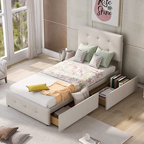 ModernLuxe Bett Samtstoff, Einzelbett,Polsterbett mit Schubladen, Rückenlehne und Lattenrost, Höhenverstellbares Kopfteil,Jugendbett Gästebett (ohne Matratze) (Beige, 90 x 200cm)
