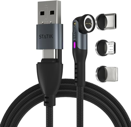 Statik 360 Pro Magnetic Charging Cable - Fast Charger USB C Charger Cable, Phone Charger 3 in 1 USB C to USB C, Micro USB & iProduct Tips, USB A Adapter - 100W Black 10FT/1M