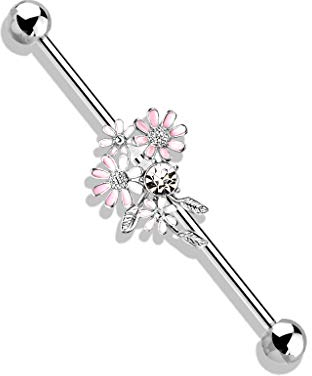 beyoutifulthings Industrial-Piercing Silber Blumen-Strauss Rosa Weiß Enamel Industrial-Barbell Industrial-Bar Chirurgenstahl Stab-länge 38-mm