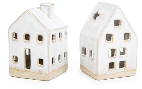 Logbuch-Verlag 2 Haus Windlichter Teelichthalter aus Keramik Lichthaus Dekofigur beige Creme weiß Deko Häuschen 10,5 cm Frühling Sommer