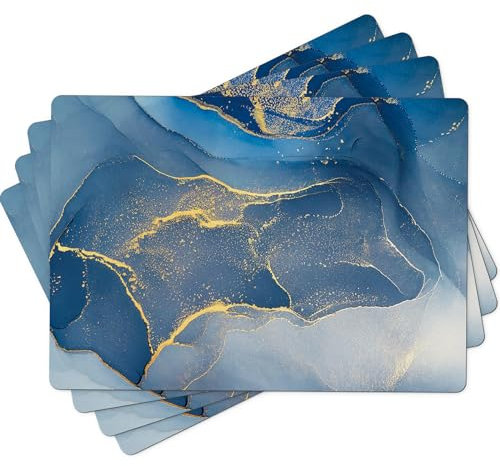 Aimego Marmor-Tischsets, 4 Stück, Blau und Gold, Kunstleder, abwischbar, wasserdicht, hitzebeständig, rutschfest, waschbar, für Innen- und Außenbereich, Küche, Esstisch