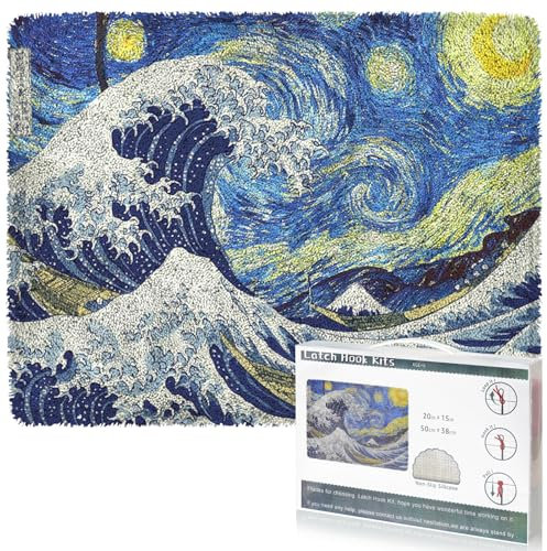 EsLuker.ly Latch Hook Teppich Kit DIY Häkelteppich für Erwachsene Kinder Anfänger, Sea Wave Muster vorgedruckt Leinwand Garn Teppich Haken Kits, Kreatives Handwerk Home Decor Ideal zum Lernen