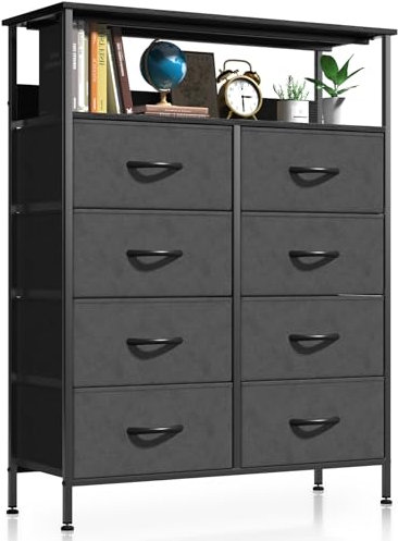 COWISH Chest of Drawer for Bedroom, Fabric Dresser with 8 Drawers, Tall Chest of Drawers with Open Storage Shelf, Wooden Top, Fabric Bins and Metal Frame, Black