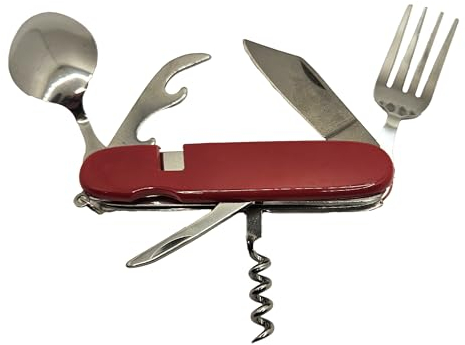 6 in 1 set posate da campeggio pieghevoli con custodia, in acciaio inox, coltellino svizzero multifunzione, forchetta, coltello, cucchiaio, cavatappi, apriscatole, apribottiglie, posate tascabili