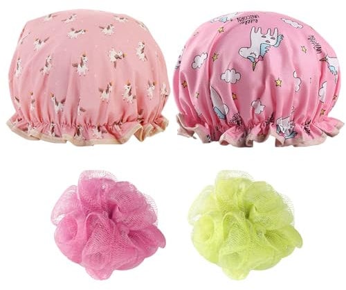 2 Pcs Rainbow Horse Shower Caps, 2 Pcs Bath Balls, Double-Layer Shower Cap, Waterproof Shower Hood, Children'S Elastic Shower Cap, Cartoon Print Shower Cap, Suitable For Showering And Skin Care