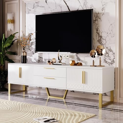 Mueble de TV de alto brillo: suelo, asas y patas doradas, puerta con textura grabada, solución de almacenamiento para el salón, combinación perfecta de lujo y funcionalidad (blanco y dorado)