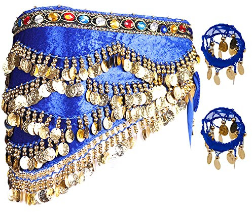 Bauchtanz Rock, Fasching Bauchtanz Kostüm Gürtel mit Goldmünzen, Schwarzer Schal Frauentanz Kostüm Foulard Bauchtanz Kleid für Frauen Mädchen Zumba Yoga-328blue