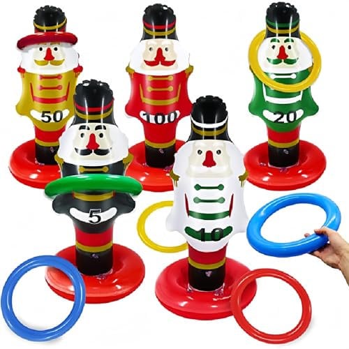 Christmas Ring Toss Game Toy Christmas Party Games Inflatable Christmas Nutcracker with 4 Rings Target Toss Toy Set,Christmas Toss Game Props for Kids Adults Family Christmas Fun Game Indoor Outdoor