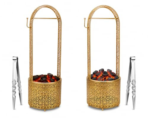 Bayli 2er Set Shisha Kohlekorb XL 52,5 cm Gold inkl. 2 Kohlezangen – Kohlebehälter mit 2 Zangenhaltern für Shisha, Wasserpfeife & Hookah – Charcoal Basket Kohlezubehör