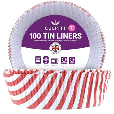 Culpitt 7 Cake Tin Liners | Red Stripe | 100 Pack | Greaseproof Paper Cake Tin Liner For Cakes, Pies, Tarts, Air Fryer Liner, Made In The UK