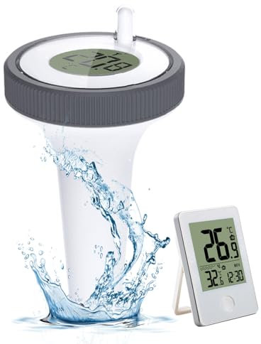 Thermomètre Piscine Flottant sans Fil LCD avec Récepteur Numérique, Mesure de Température d'Eau pour Aquarium, Spa, Étang à Poissons, Piscine Intérieure et Extérieure, Écran Clair, Connexion Radio Fia