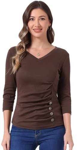 Allegra K Women's V Neck Blouse 3/4 Sleeves Solid Knitted Buttons Decor Ruched Top Coffee Brown XS
