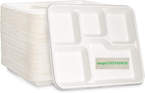 LARGE STRONG 5 COMPARTMENT DISPOSABLE PLATES for Lunch & Dinner 25pcs 30cm x20cmx5cm Heavy Duty Plates, Ecofriendly 5 Compartment Dinner Plates, Microwave Safe HOT & COLD FOODS Lunch Party Trays
