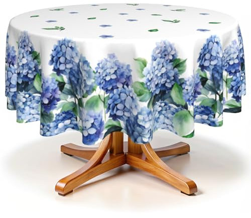 Robvobe Spring Round Tablecloth 60 Inch Watercolor Hydrangea Flower Blue Floral Summer Print Decorative Washable Polyester Table Cloth for Party Picnic Home Kitchen Decor Decoration