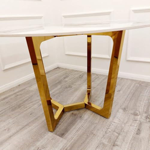 Moderner Esstisch, 1,8 m, Gold oder 1,6 m, Weiß mit goldfarbenen Beinen, rund, 1,2 m gesinterte Steinplatte, Chrombein-Option