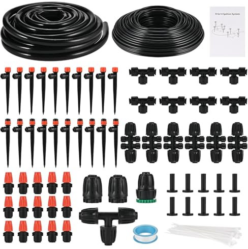 Faburo - Kit di irrigazione da 71 m, sistema di irrigazione automatico da giardino con connettore rapido per piante da esterno, tubi da 1/4 + 1/2, kit di irrigazione a goccia fai da te per prato,
