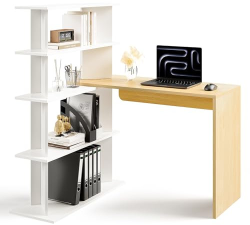 Flycity L-förmiger Eckschreibtisch mit 360-Grad Drehbarem Bücherregal, PC-Schreibtisch mit Großem Stauraum, für Home-Office, Büro und Studium