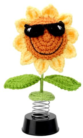 DAWRIS Decoration Voiture, Secouer Tournesol au Crochet Décorations du Tableau de Bord,Crocheter Deco Jouets Voiture Interieur, Auto Accessoires Ornement Bobble Head Cadeau Homme Femme d'anniversaire