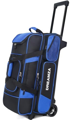 DREAMZA 3 Ball Bowling Bags with Wheels & Shoe Pocket, Premium Bowling Ball Bag 3 Ball Roller, Effortless-Rolling 3 Ball Bowling Bag w/Multi-Storage Pockets & Telescopic Handle Extends to 40''