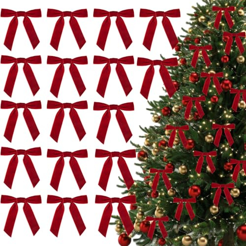 JOLCEEY 24pcs Red Velvet Bows for Christmas Tree, 4.72 Inch Christmas Tree Bows Vintage Velvet Ribbon Wreath Bows Velvet Ornaments for Christmas Tree Indoor Party Garland Decorations