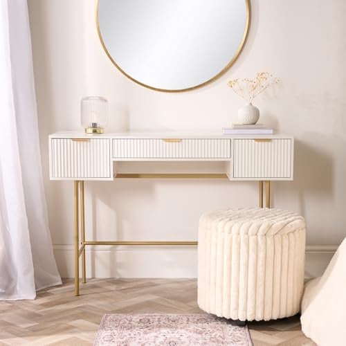 OHS Dressing Table, Ribbed Wooden Vanity Table with 3 Drawers Decorative Drawer Organiser with Gold Metal Frame Modern Makeup Desk for Bedroom, White - 110 x 35 x 75cm